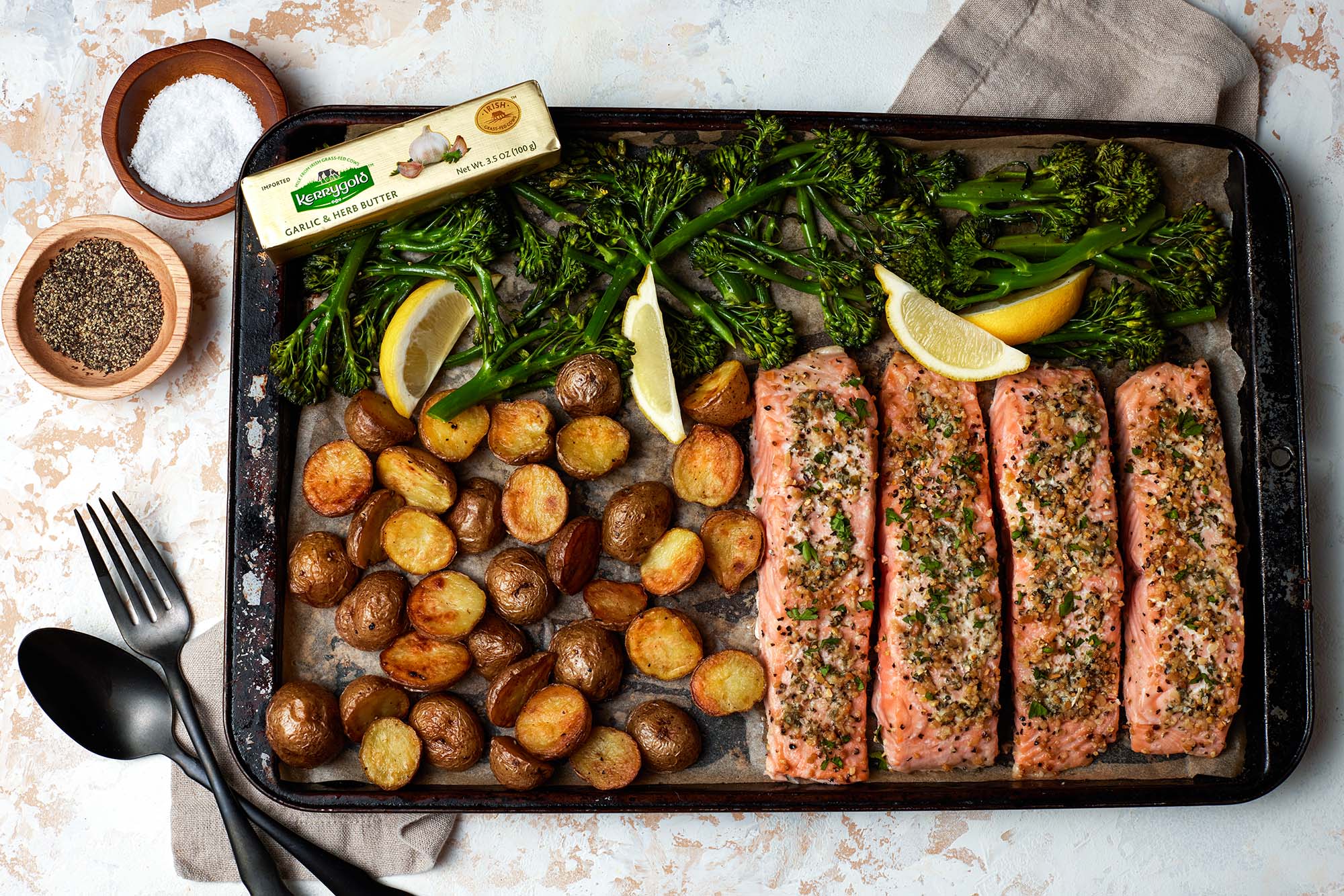 Kerrygold Garlic Butter Salmon with Broccolini and Roasted Baby Potatoes